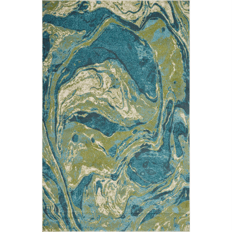 Strouth Abstract Teal Area Rug, Rectangle 6'7" x 9'6"