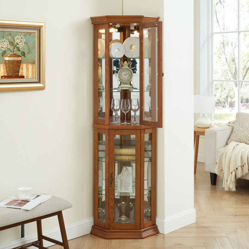 Corner Curio Cabinet Lighted Corner Display, Glass Display Shelf Shelving Bar Cabinet With Tempered Glass Door, Bar Cabinet,Cabinet With Adjustable Shelf Glass Cabinet Shelves Bead Bulb Included OAK