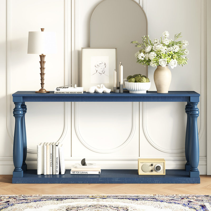 Console rétro avec grain du bois avec tablette inférieure et quatre pieds, Marine