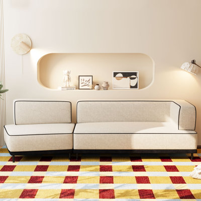 Canapé modulaire moderne 95,3 po, canapé bouclé blanc crème avec passepoil noir et pieds en métal