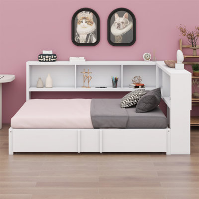 L- Shaped Metal Daybed with 5 Built-in Storage Cabinets, 2 Standard Plug Outlets and 2 USB ports, Pull out Trundle Bed Included by Lark Manor