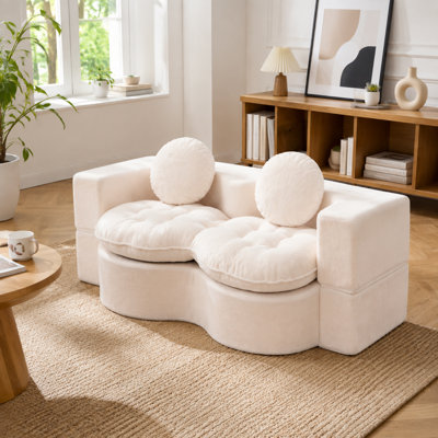 Canapé-lit convertible en tissu beige Teddy, futon pliable deux places avec 2 oreillers, canapé-lit deux places en mousse à compression pour salon, chambre, appartement