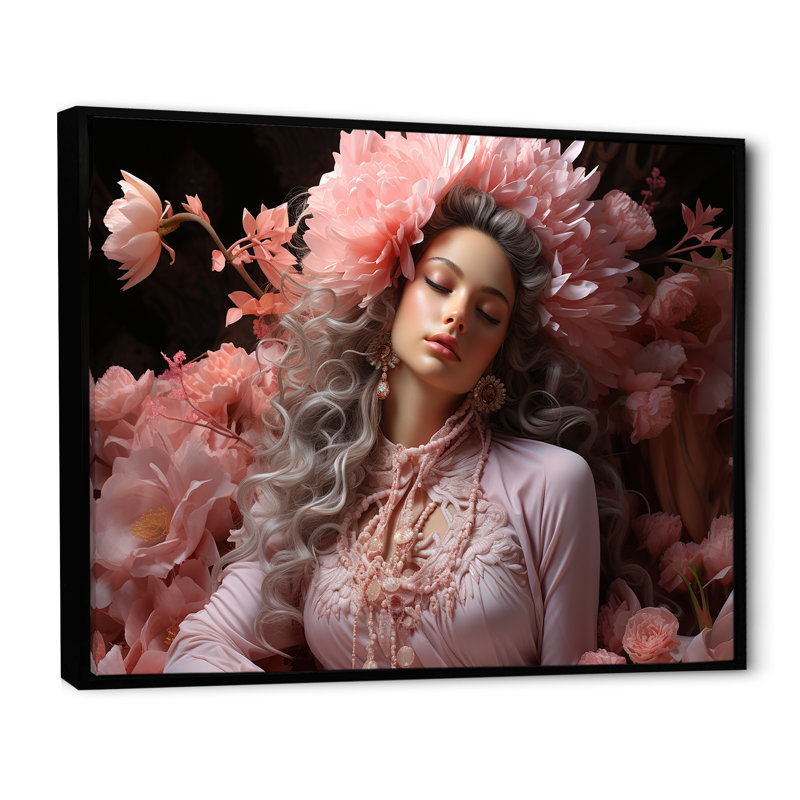 " Hindu Bhakti Blossom Blush ", Black Floater Framed, 34" H x 44" W
