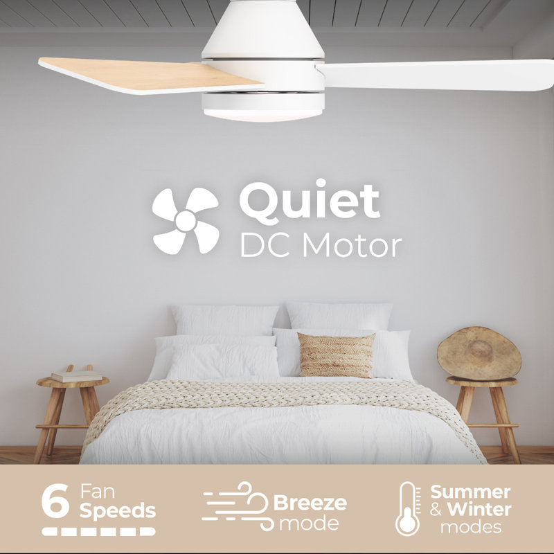 Aero 32in 3-Blade Smart Flush Mount Fan 2700K-6000K CCT Tunable Range LED Light Kit with Remote Control and White Hardware with Reversible Blades in Natural Wood or White Works With iOS or Android App