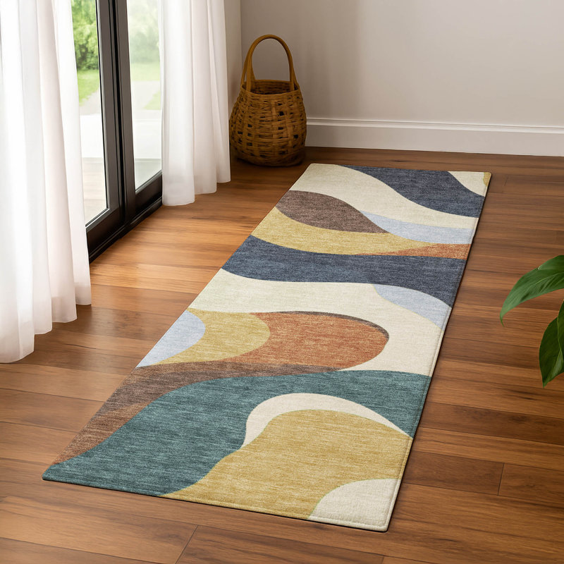 Premium Machine Washable Mayfield AMF2186 swirls Rug, Gold, 2'3" x 7'6" Runner