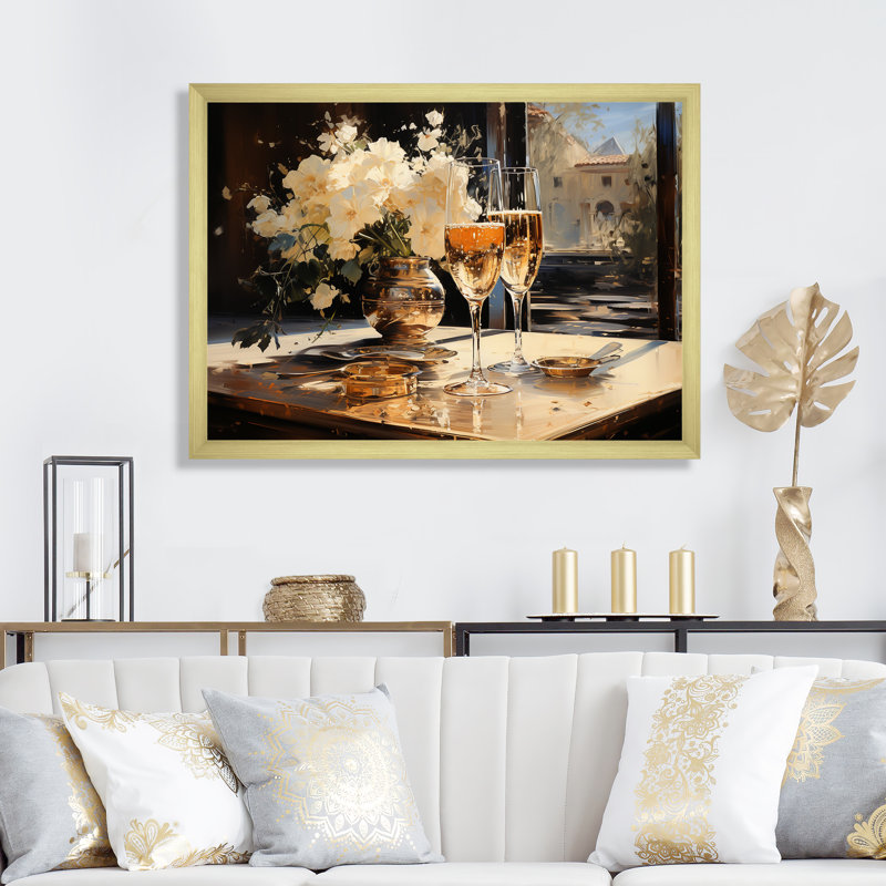 Champagne Blooms Bubbles And Bliss I - Champagne, art mural, Cadre doré à coins fermés, H 24 po x l 32 po x P 1 po