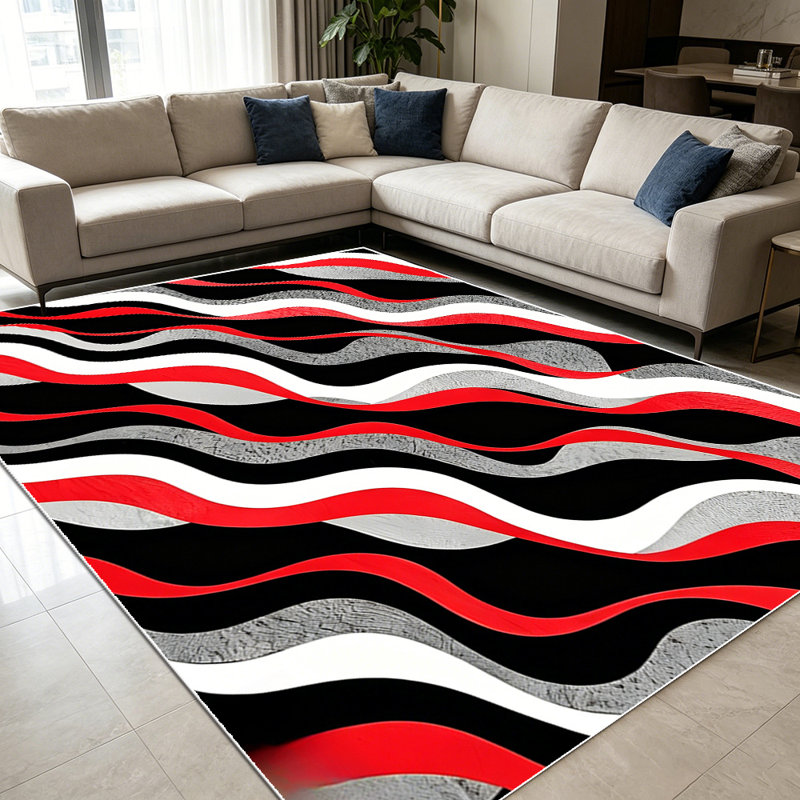 1PC Red Black White Gray Wavy Stripe Geometric Pattern area rugs for Living Room, Soft and Comfortable, Suitable for all seasons, easy-to-maintain, machine washable Indoor floor mat, Under Table Farmhouse suitable for dining table, bedroom, entryway