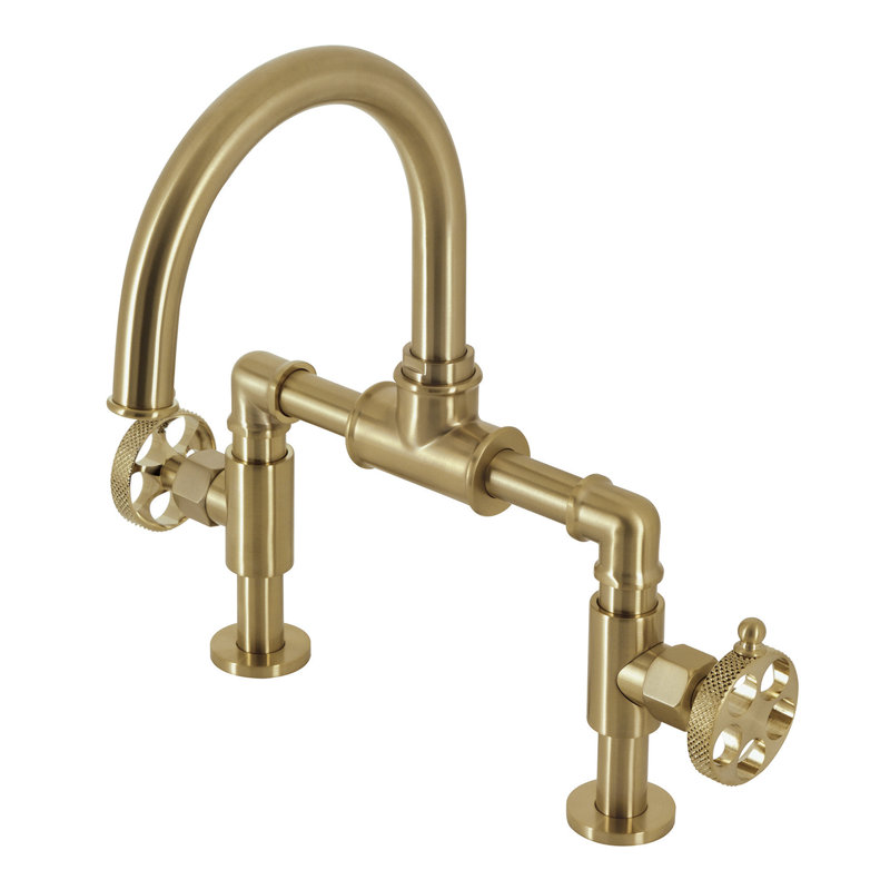 Kingston Brass Webb Two-Handle 2-Hole Deck Mount Bridge Bathroom Faucet with Knurled Handle and Push Pop-Up Drain