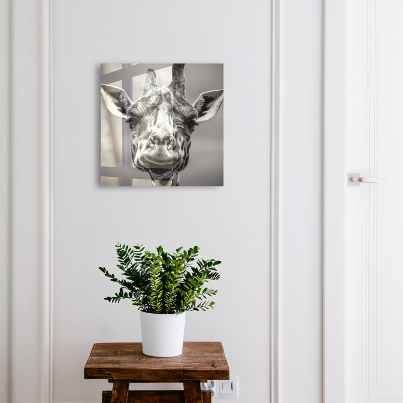 Key box for wall, Opens to the left, 30x30x5, Black, Portrait of a giraffe in black and white shades, 