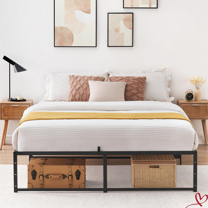 Black  Full Size/Queen Size Bed Frame, 14 Inch Metal Full Bed Mattress Frame with 3 in 1 Steel Support, Queen