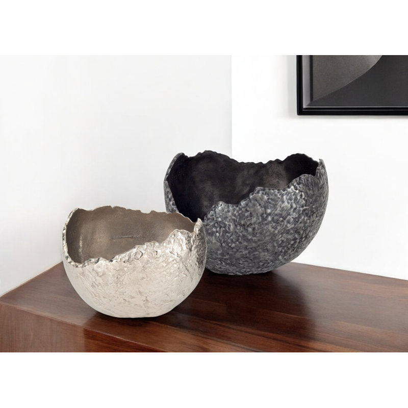 Set of Two Gray And Silver Aluminum Decorative Bowls