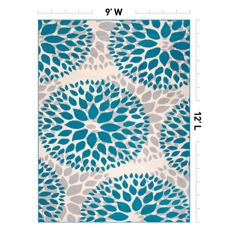 Tapis bleu / ivoire / gris clair à motif floral, Rectangle 9 pi x 12 pi