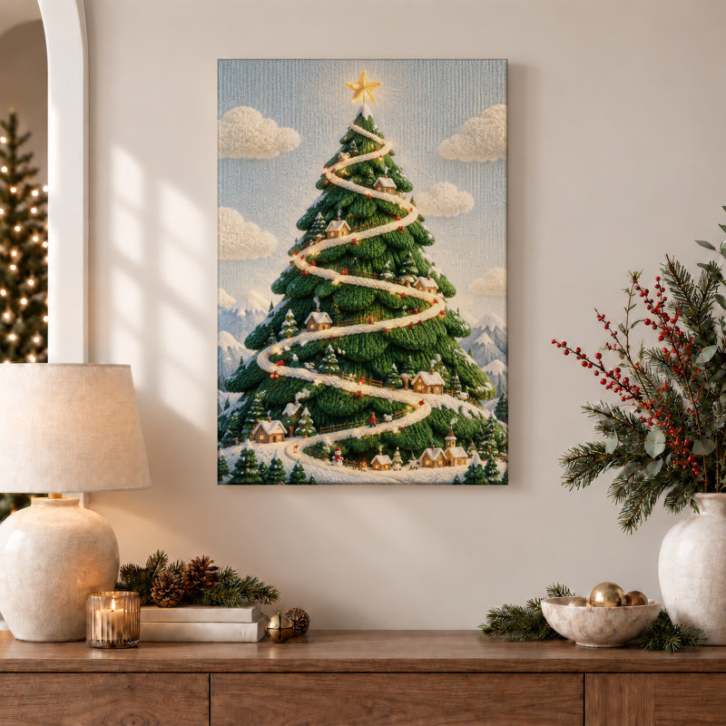 " Knitted Tree With Miniature Village Christmas " Painting, 24"H x 18"W