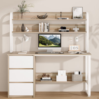 Computer Desk with Hutch and Shelves, 60 Inch Office Desk with 3 Drawers for Small Places, Study Writing Desk with Storage for Bedrrom, Adjustable Fee