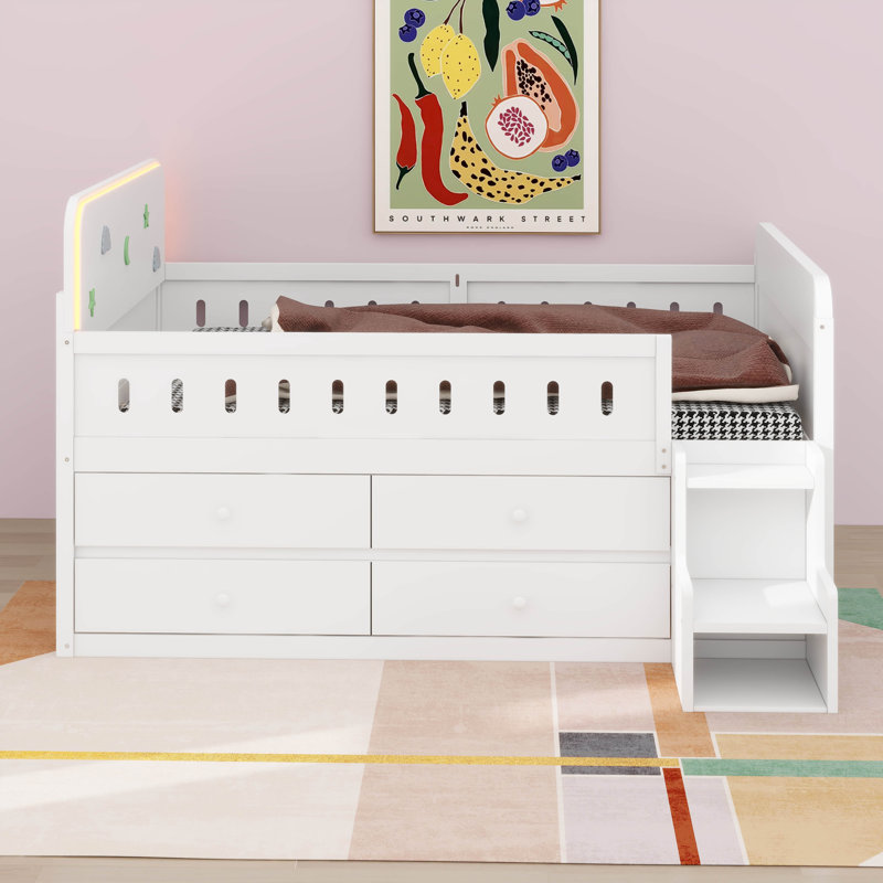 Structure de lit double en bois avec rangement pour tête de lit à DEL et tiroirs de rangement, Blanc