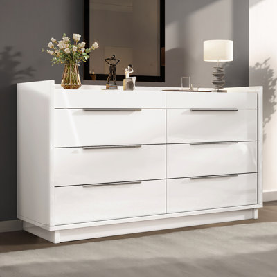 Dougal High Gloss Led Clothes Dresser, 8 Drawer Dressers With Tempered Glass Top, White