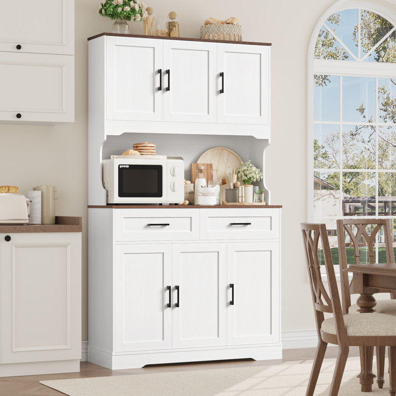 74" H Tall Wood Kitchen Pantry With Microwave Shelf And Drawers, White/Brown