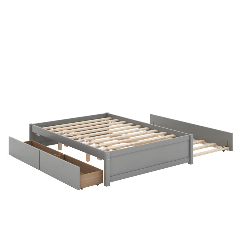 Lit double avec lit gigogne simple et tiroirs, gris