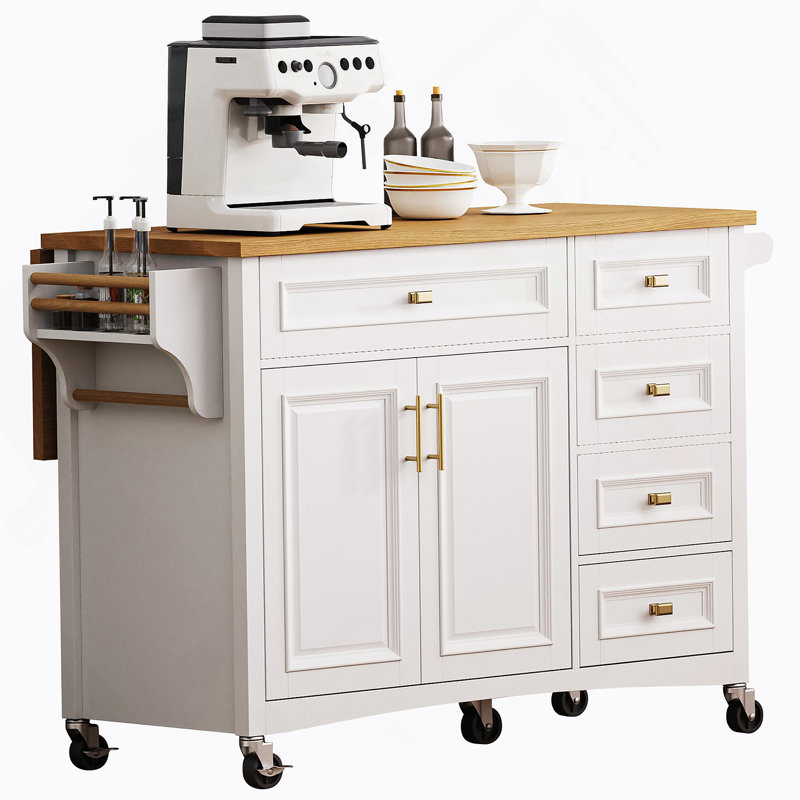 52'' Kitchen Island With Drop Leaf, Embossed Texture Kitchen Island On Wheels With Spice Rack, Towel Rack, 2 Doors And 5 Drawers, Kitchen Storage Cart With Adjustable Shelf For Kitchen, White