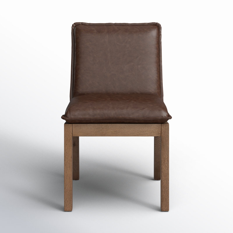 Wautoma Linen Upholstered Dining Chair in Beige, Brown Genuine Leather