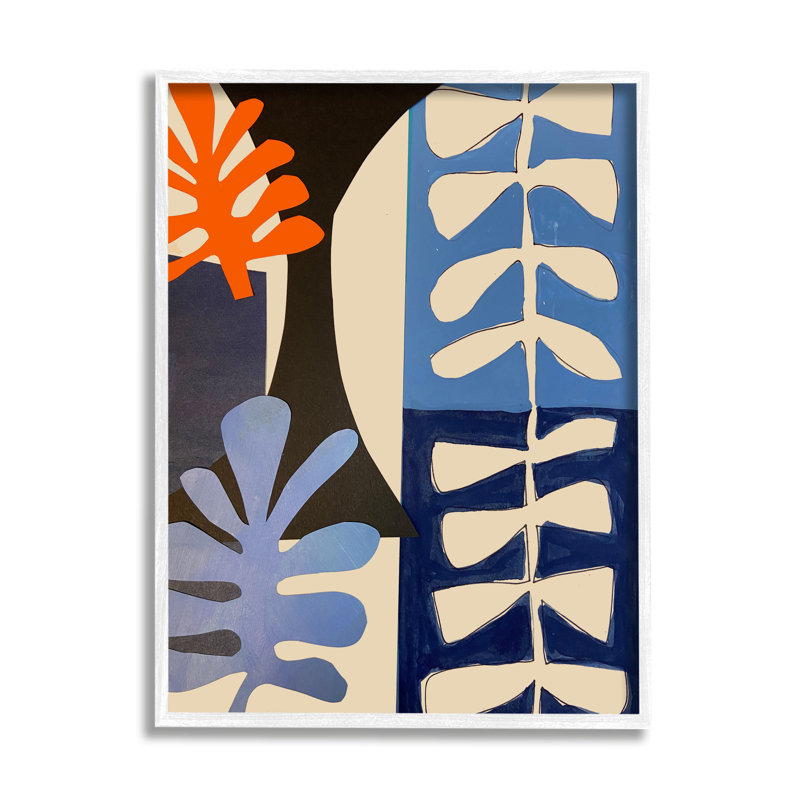 Funky plante feuilles moderne, H 14 po x l 11 po x P 1,5 po, Giclée encadrée blanc bord de mer