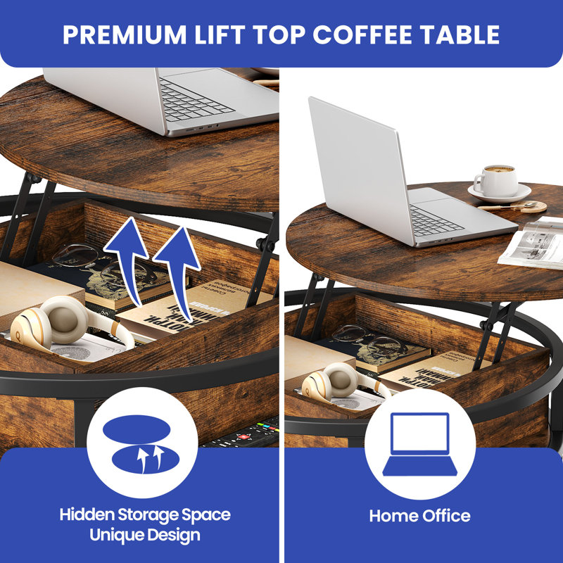 Kayln Lift Top Round Coffee Tables  with Storage for Living Room, Brown
