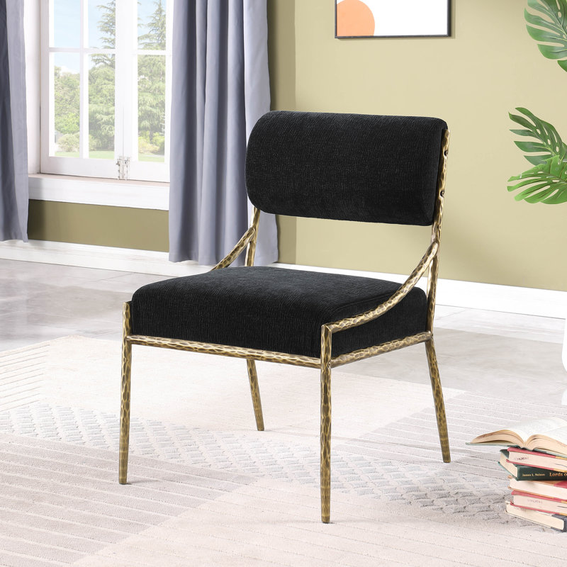 Chaise d'appoint rembourrée Bastille, Laiton brossé, Tissu chenille noir