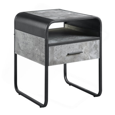 Table de bout au design moderne et épuré avec tiroir et tablette avec structure en métal au fini noir et béton gris