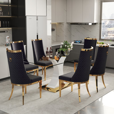 Luxtury Rectangle Tempered Glass Dining Table Set, Modern Dining Table with High Backrest Dining Chair for Dining Room