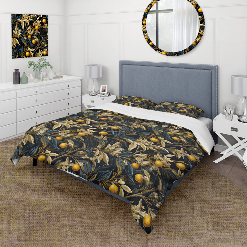 Literie jaune et noir à motif de citronnier, Housse de couette simple + 1 taie décorative stan