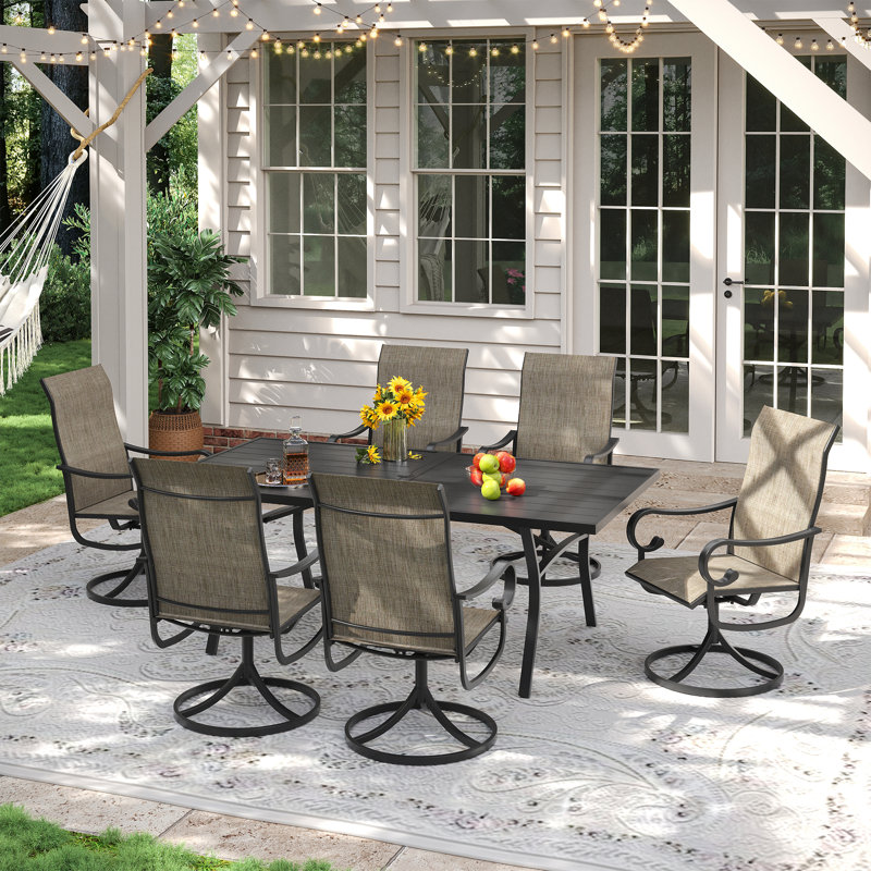 6-Person Rectangular Outdoor Patio Dining Set With Swivel Armchair, Black/Brown