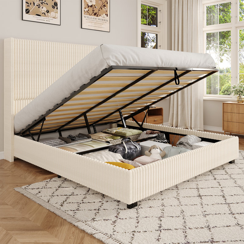 51" Tall Headboard King Size Lift Up Storage Bed Frame With Hydraulic Storage, Upholstered Corduroy Platform Bed With Wingback Headboard, Built-in Charging Station With 2 Usb Ports, No Box Spring Needed, Beige
