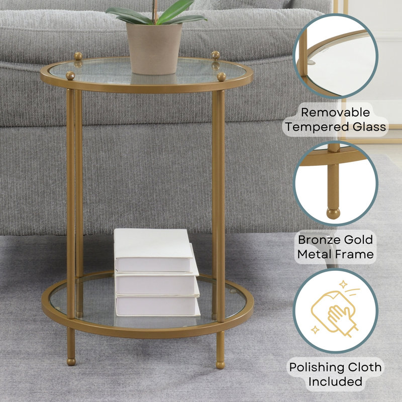 Carolina Round Glass End Table with Metal Shelf, Bronze Gold