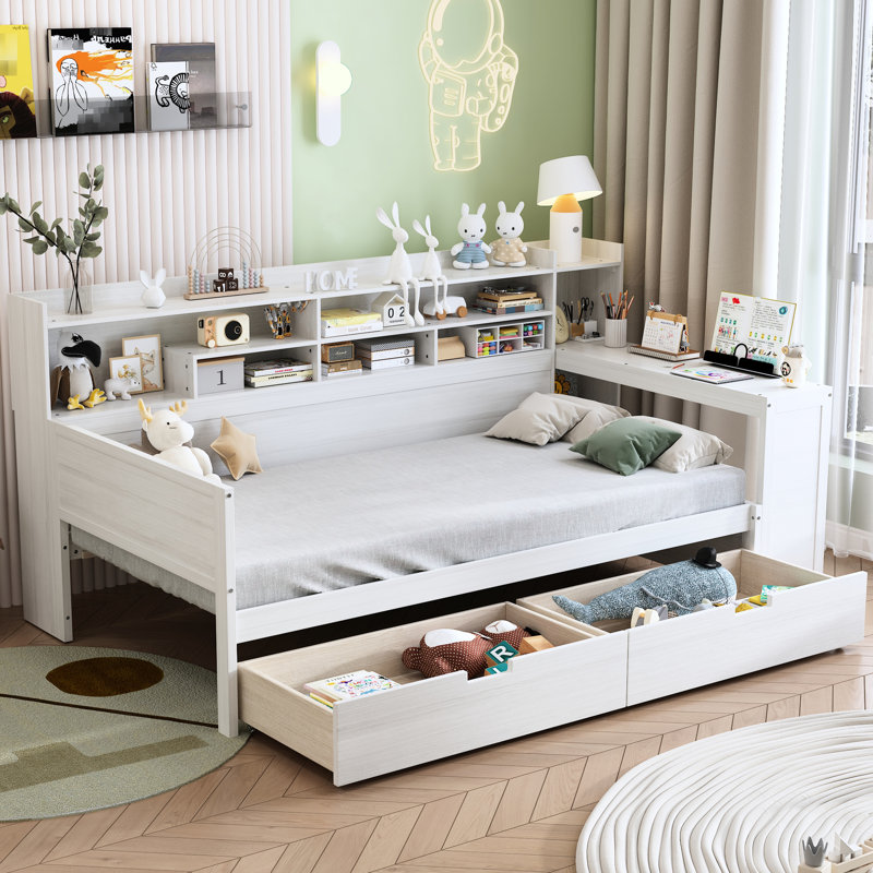 Lit de jour simple en bois avec rangement multifonctionnel et bureau, bureau efficace blanc antique