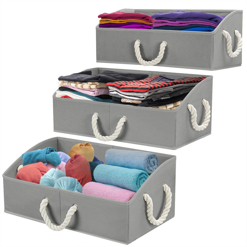 Gray Fabric Collapsible Under Bed Storage Box with Rope Handles