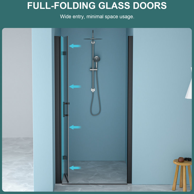 Porte de douche pliante noir mat, l 34 po x H 72 po, verre trempé transparent de 1/4 po d'épaisseur, style bi, écran, cadre et charnières en acier inoxydable, installation réversible, angle de chevauchement à 180 °, réglable pour