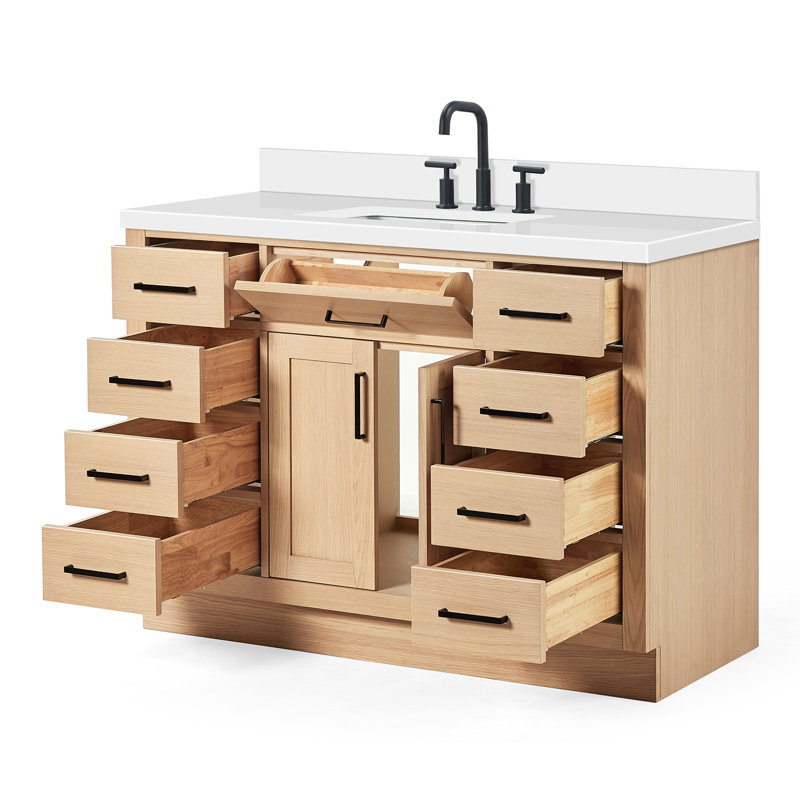 Ensemble de meuble-lavabo simple en bois massif 48 po avec lavabo en quartz blanc 1,5 po Tidworth, Chêne naturel