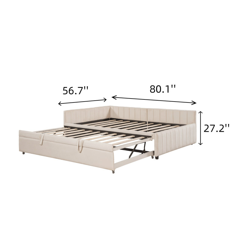 Full-size Upholstered Daybed With Shelves And Slats, Beige