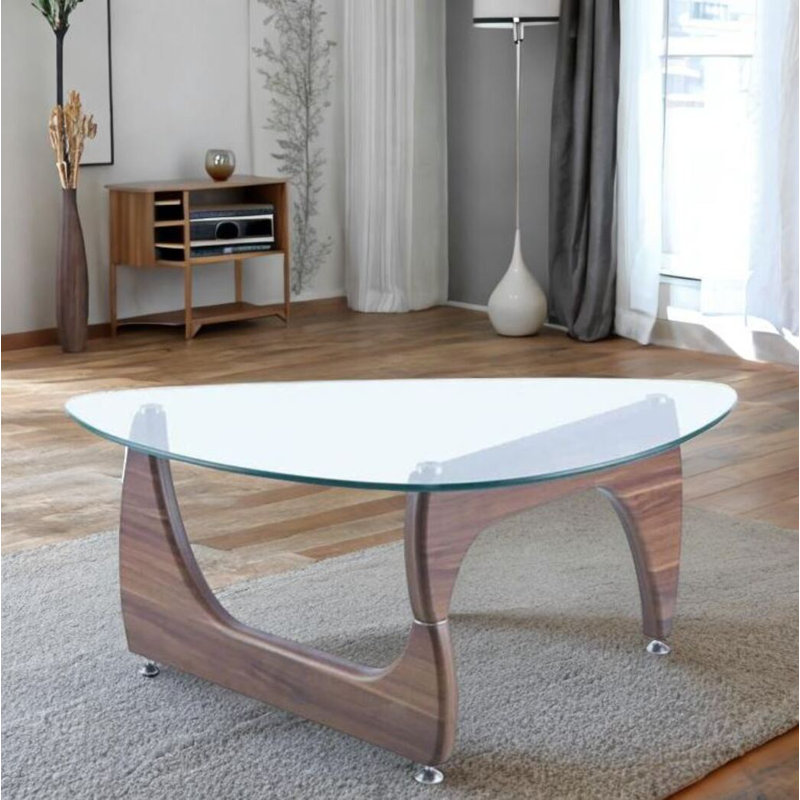 Table basse avec dessus en verre abstrait 48 po Weathers - Centre de table de salon moderne., Noyer