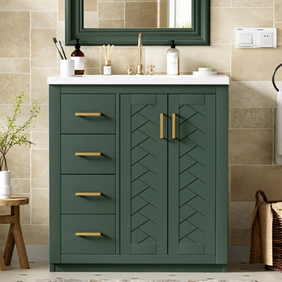 Ensemble de meuble-lavabo 30 po avec lavabo en céramique et cadre en bois massif avec 3 tiroirs et portes à fermeture douce