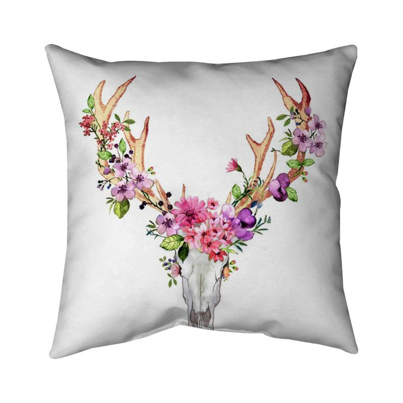 Deer skull with flowers - 20"x20" Throw pillow - Poly twill - Print on demand, 20" H x 20" W, Polyester/Polyfill