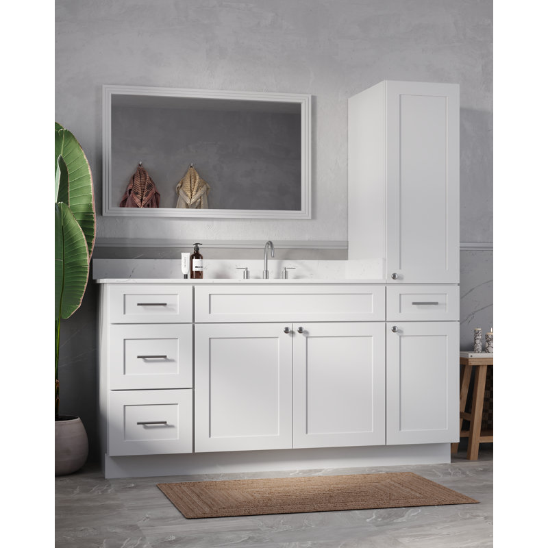 Disar 66'' Single Bathroom Vanity With Right Linen Tall Cabinet Dovetail Solid Wood Drawer Carrara Quartz Top, White