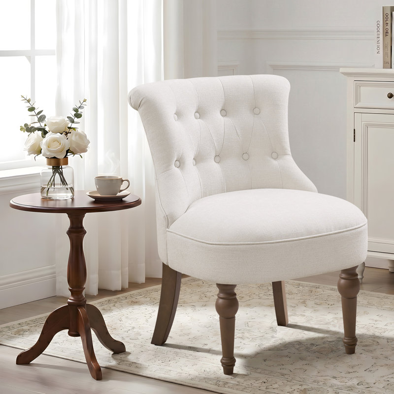 Chenille Upholstered Button Tufted Wingback Side Chair, Beige