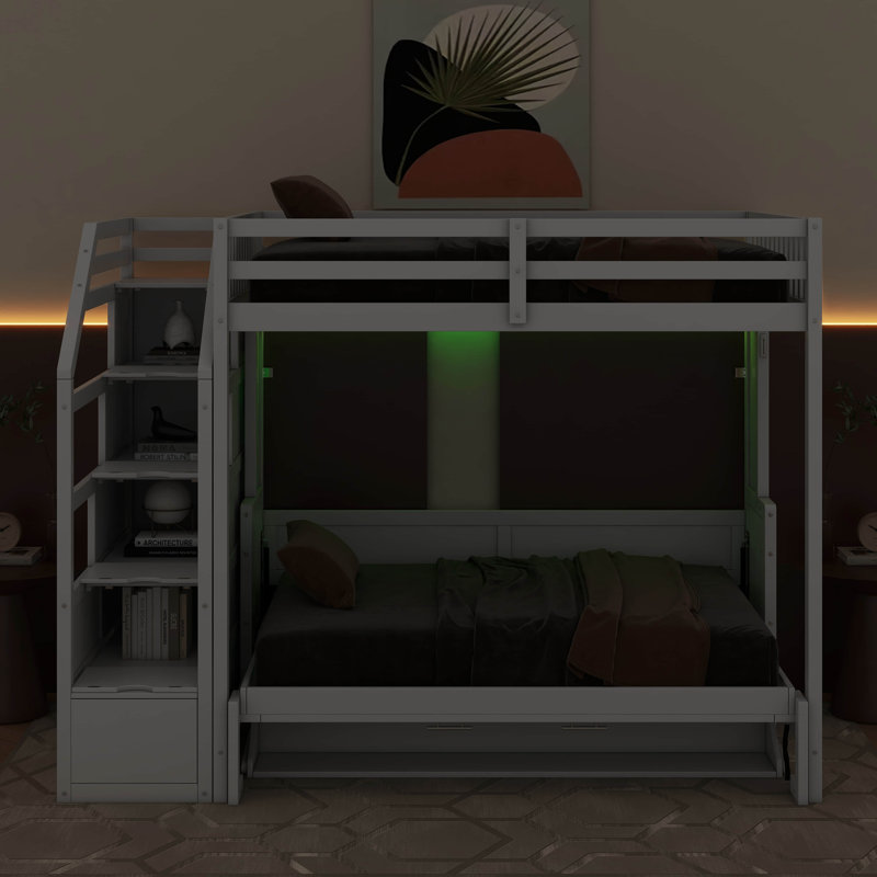 Lit mezzanine double très grand avec escalier de rangement et lit escamotable double