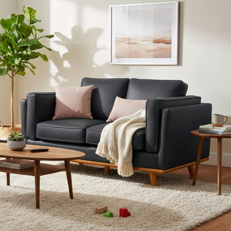 Napa Leather Couch, Leather Loveseat Sofa for Living Room, Leather Office Couch, Solid Wood Accent, Black