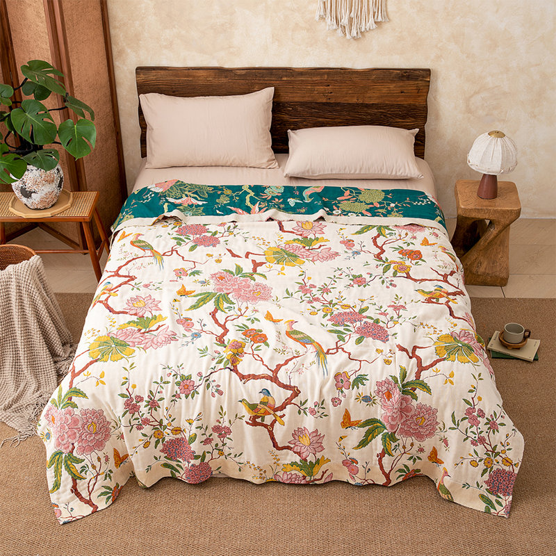 Courtepointe réversible en coton tissé doux et respirant avec oiseau floral et botanique pour canapé, canapé et lit