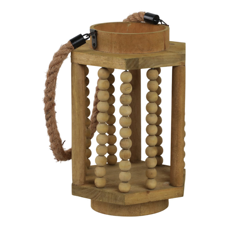 Wood Hurricane Lantern with Spindled Ball Columns and Rope Handle in Casual Home Style Decorative Accent Lighting for Rustic Coastal Farmhouse or Boho Inspired Interiors.