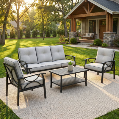 Ensemble de meubles de patio en métal 5 places toutes saisons avec coussins gris de 4 po et table basse, noir