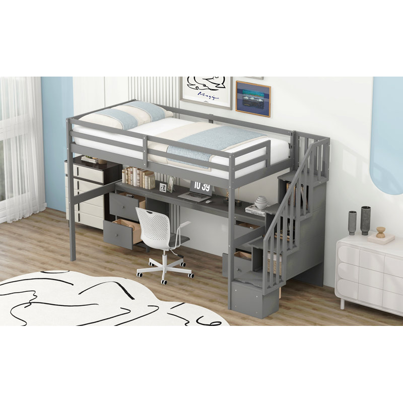 Twin Size Loft Bed Frame With Built-In Desk And Double Storage Drawers, Gris