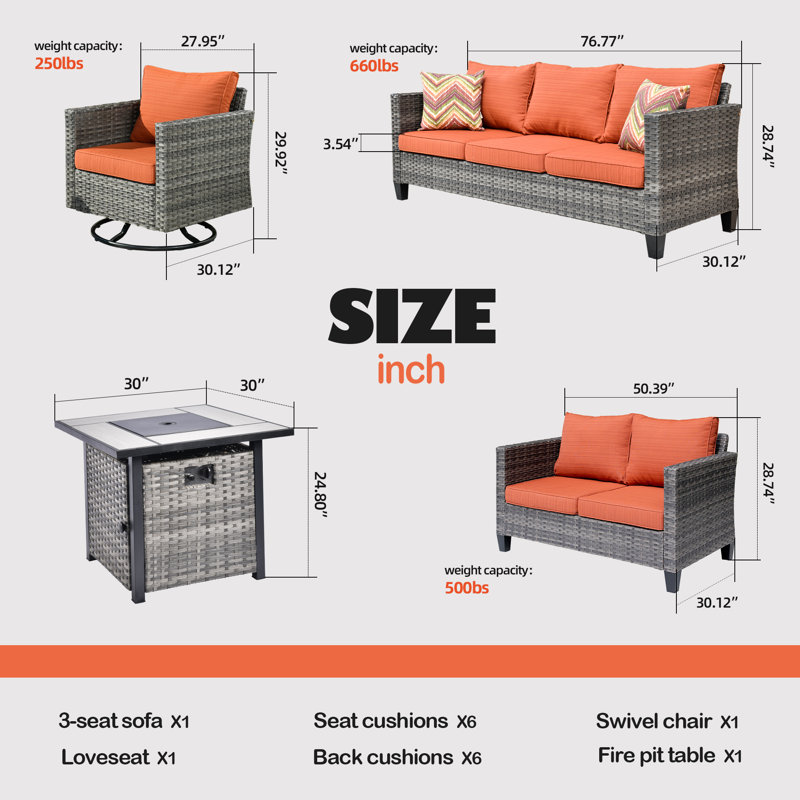 Meriyah Premium All-Weather Wicker 6 - Person Patio Conversation Set with Cushions, Orange Red
